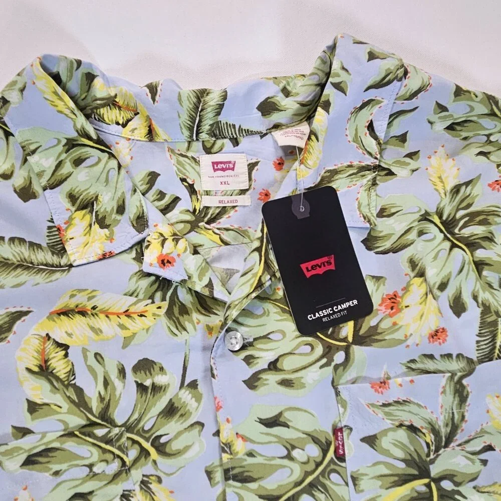 Levis Shirt Mens 2XL Blue Tropical Hawaiian Classic Camper Relaxed Fit Button Up